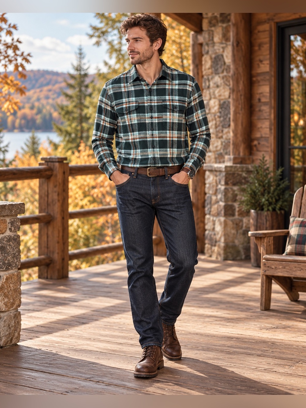 L.L.Bean Signature Men’s Green Plaid Flannel Shirt Slim Fit Large